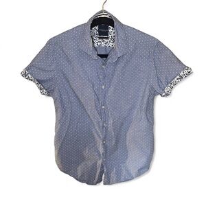 DENIM & FLOWER RICKY SINGH Blue Polka Dot Button Down Shirt Size Small S EUC